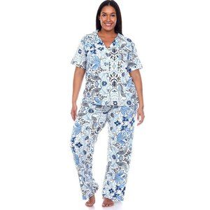 Plus Size White Blue Floral Print Tops & Tropical Pajama Set WM 3681